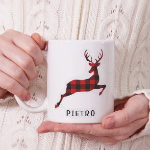 Caneca De Café Red Buffalo Plaid Reindeer Christmas Monogram