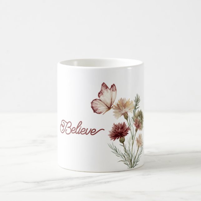 Caneca De Café Red Burgundy White Butterfly Flowers (Centro)