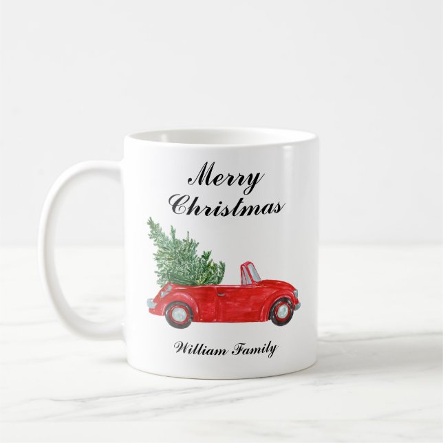Caneca De Café Red Car Merry Christmas Custom Name (Esquerda)