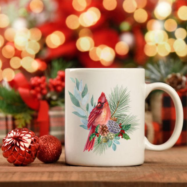Caneca De Café Red Cardinal e Greenerescência de Natal e Cones de (Criador carregado)