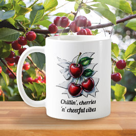 Caneca De Café Red Cherries 'n' Cheerful Vibes Trendy Monogrammed