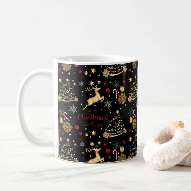 Caneca De Café Red Dourado Reindeer Feliz Árvore de Natal (Com Donut)