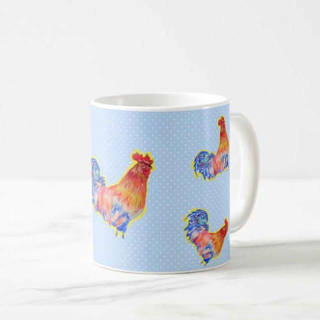 Caneca De Café Red Funny Rooster Cockerel Pontos Azul e Branco (Frente Esquerda)