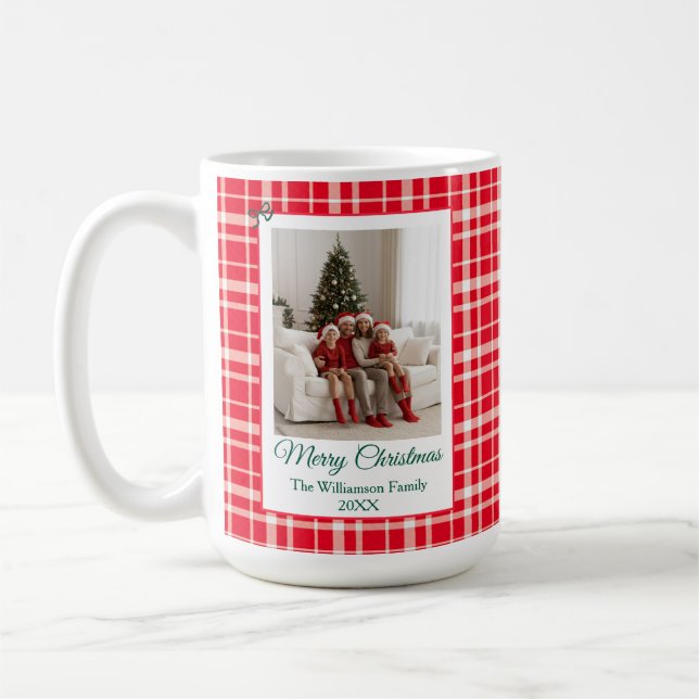 Caneca De Café Red Gingham Xadrez Feliz Foto de Natal (Esquerda)