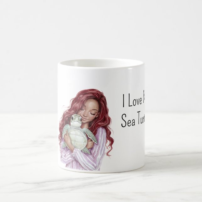 Caneca De Café Red Hair Brown Girl Love Sea Turtle (Centro)