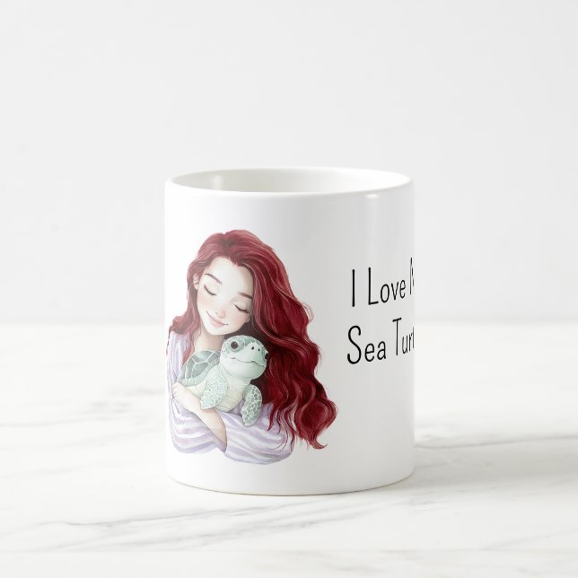 Caneca De Café Red Hair Girl Love Sea Turtle (Centro)