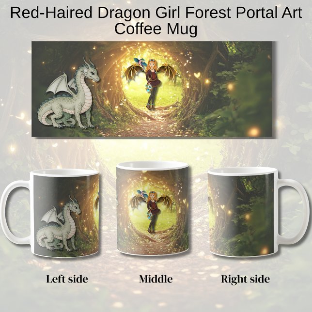 Caneca De Café Red-Haired Dragon Girl Forest Portal Art (Dragon Girl Forest Scene Mug)