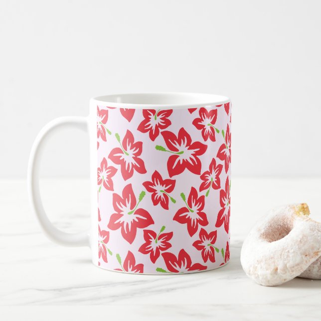 Caneca De Café Red Hibiscus, Flores Vermelhas, Padrão De Flores (Com Donut)