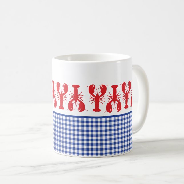Caneca De Café Red Lobster Blue Gingham Costeiro Diversão (Frente Esquerda)