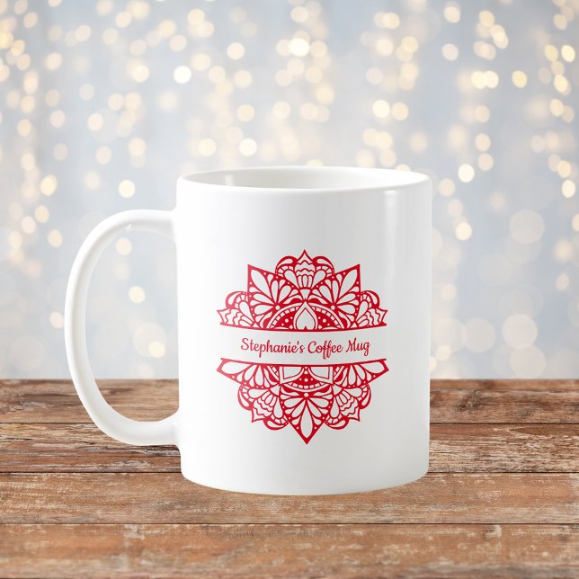 Caneca De Café Red Mandala Art Nome Personalizado Café Mug (Criador carregado)