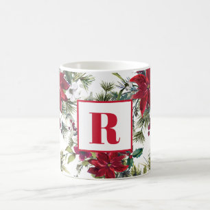Caneca De Café Red Monograma Poinsettia Natal