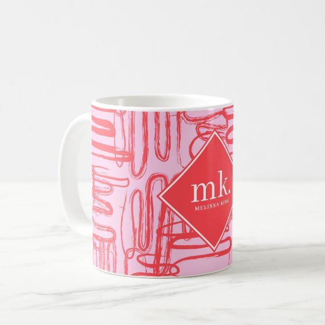 Caneca De Café Red Pink Curve Wavy Squiggle Abstract Monogrammed (Frente Esquerda)