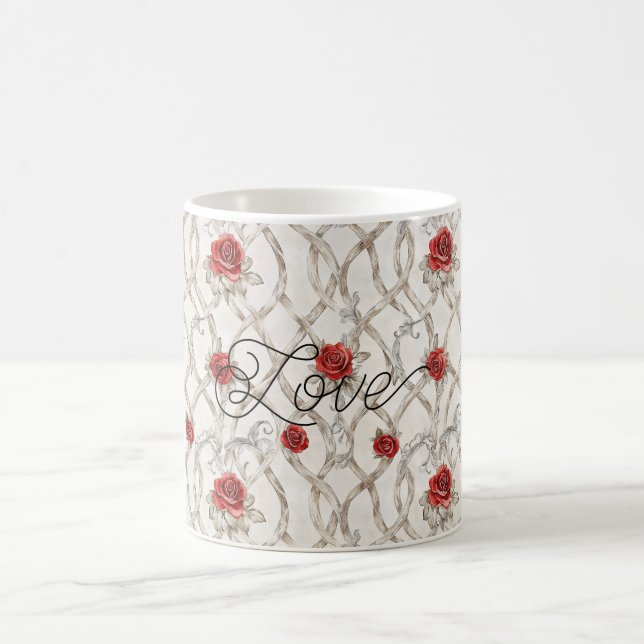 Caneca De Café Red Roses Faux Wood Floral Love (Centro)