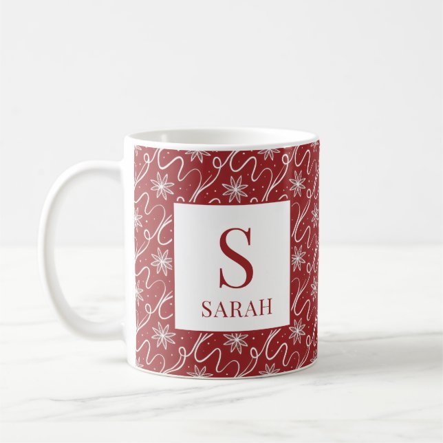 Caneca De Café Red Snowflake Swirl Monogram Name (Esquerda)