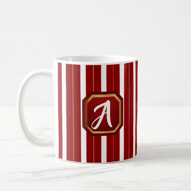 Caneca De Café Red Stripes e Monograma de Quadro Dourado (Esquerda)