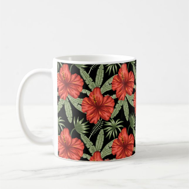 Caneca De Café Red tropical flowers seamless pattern green leaves (Esquerda)
