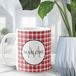 Caneca De Café Red White Checks Monograma de Xadrez
