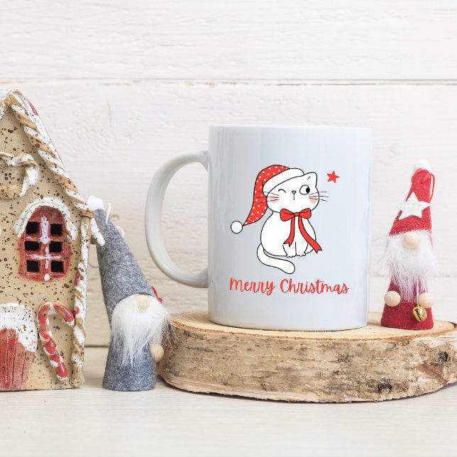 Caneca De Café Red & White Cute Cat Nome Personalizado Feliz Nata (Criador carregado)