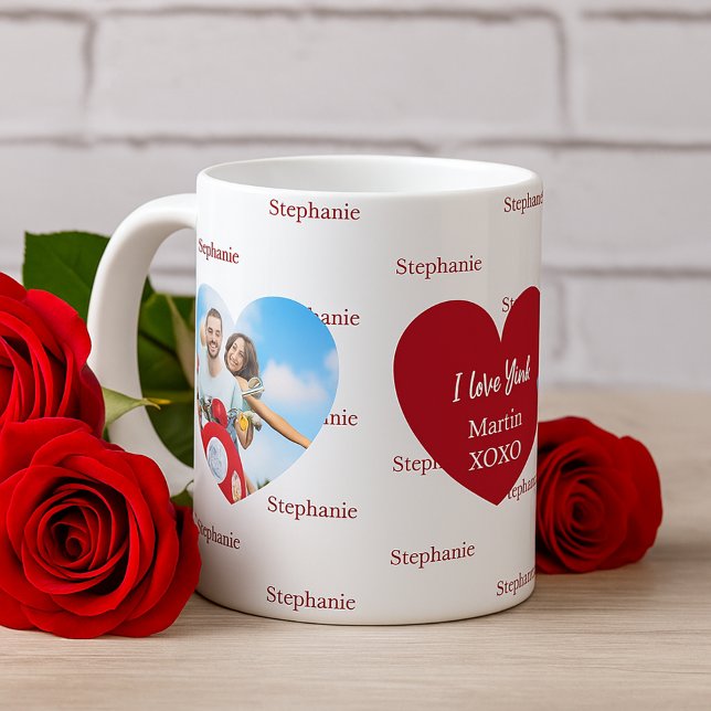 Caneca De Café Red white hearts photo name love you (Criador carregado)