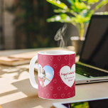 Caneca De Café Red white hearts photo Valentine's Day<br><div class="desc">A red colored background decorated with white hearts,  2 photo heart frames. Personalize and add your name.</div>