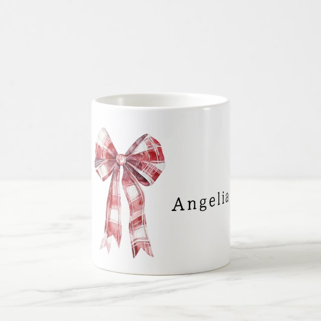 Caneca De Café Red White Plaid Stripes Bow (Centro)