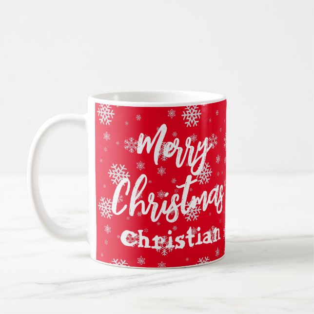 Caneca De Café Red White Snowflake Elegante Simples Feliz Natal (Esquerda)