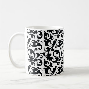 Caneca De Café Redemoinhos preto e branco elegantes do damasco