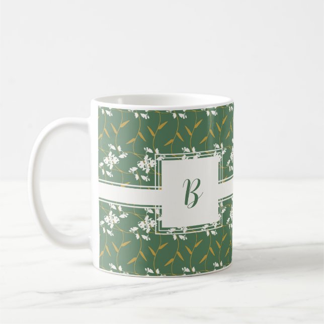 Caneca De Café Regal Floral Verde Quadrado Cheio Monograma (Esquerda)