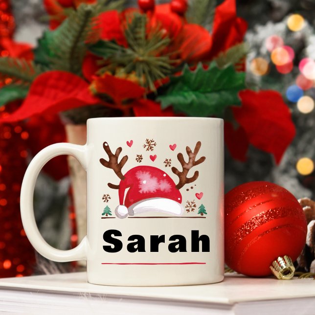 Caneca De Café Reindeer Antlers e Santa Hat Natal (Reindeer Antlers and Santa Hat Christmas Coffee Mug
)