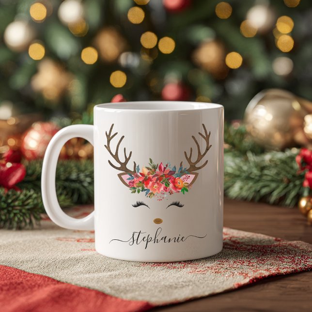 Caneca De Café Reindeer Feriado Feriado Personalizado (Christmas Holiday Reindeer Floral Personalized Coffee Mug)