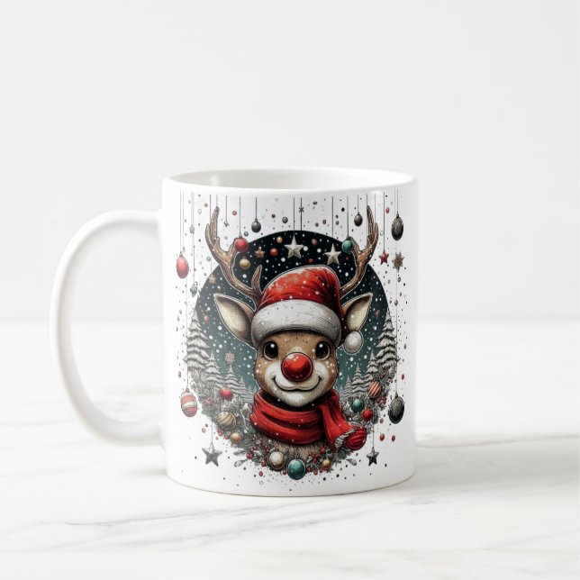 Caneca De Café Reindeer Red Nosed com Arte Santa Hat (Esquerda)