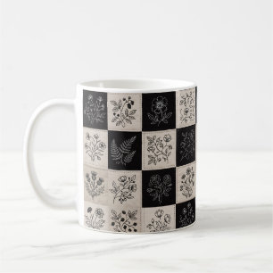 Caneca De Café Remendo Costurado de Couro Floral Botânico