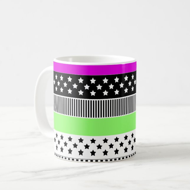 Caneca De Café Remendo de listras pretas e brancas e neon  (Frente Esquerda)