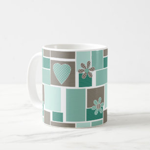 Caneca De Café Remendo de turquesa marrom de remendos quadrados
