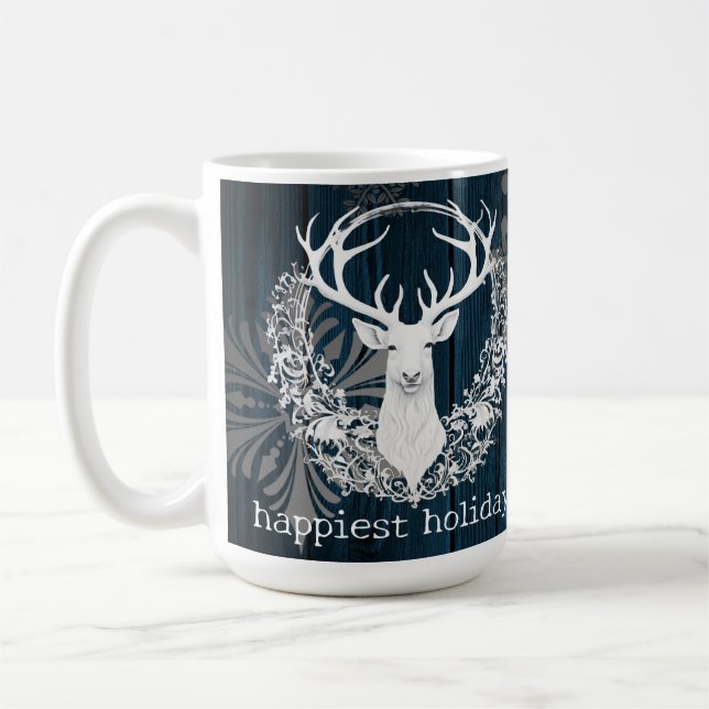 Caneca De Café Rena Branca Rustic Watercolor | Azul (Esquerda)