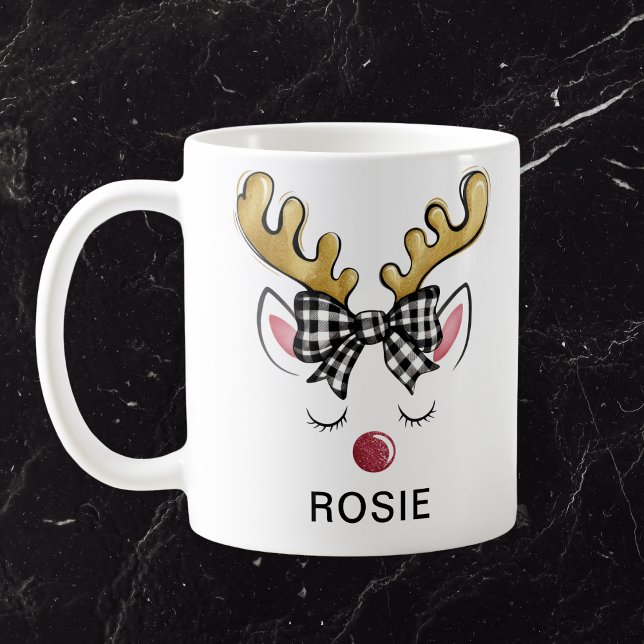 Caneca De Café Rena de Casa com Laço Xadrez Preto (Black Plaid Bow Farmhouse Reindeer Coffee Mug
)