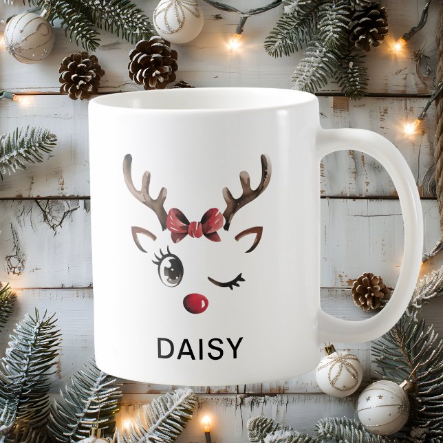 Caneca De Café Rena de Natal com Laço Vermelho Piscando Nome Pers (Winking Red Bow Reindeer Christmas Custom Name Coffee Mug
)
