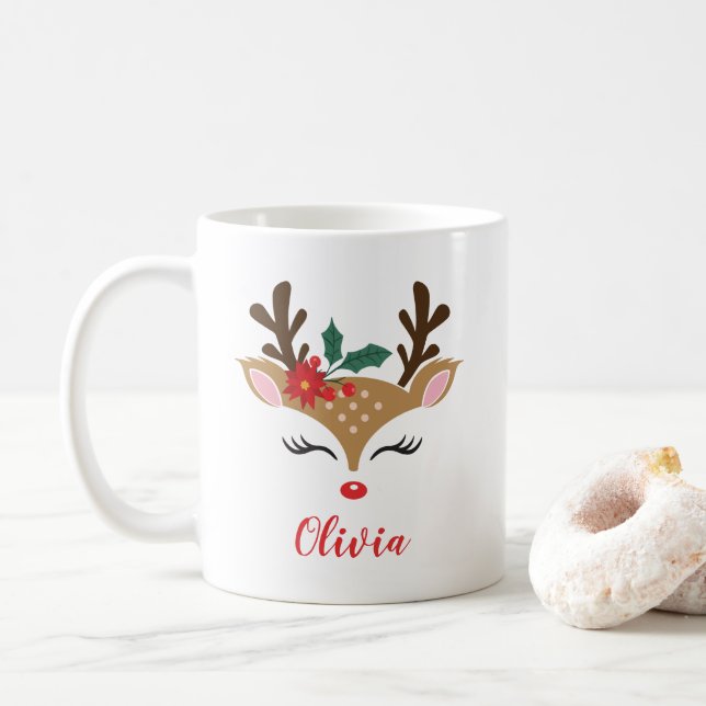 Caneca De Café Rena de Natal Rosto Fofo (Com Donut)