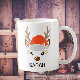Caneca De Café Rena Fofa com Chapéu de Papai Noel Nome Personaliz