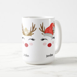 Caneca De Café Rena Personalizada Bonita Face Santa Hat, Tiara