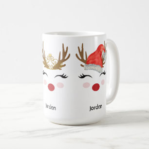 Caneca De Café Rena Personalizada Bonita Face Santa Hat, Tiara