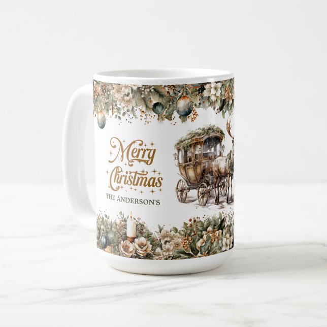 Caneca De Café Renas de folha verde e carruagem de Natal (Frente Esquerda)