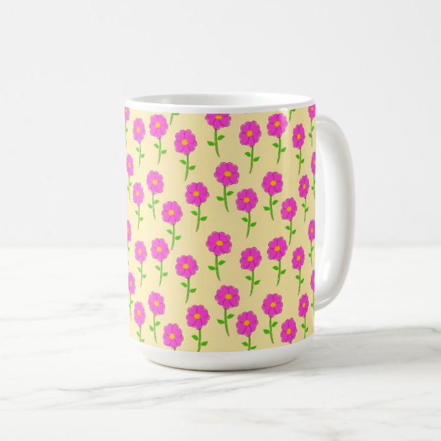 Caneca De Café Repeat Flower Pattern with Hot Pink Flowers (Frente Esquerda)