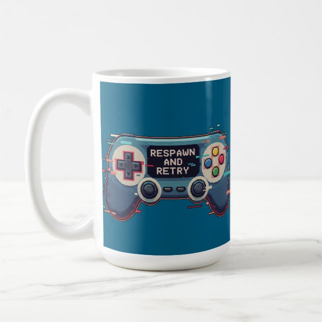 Caneca De Café Respawn and Retry - Retro Gaming Glitch Art (Esquerda)