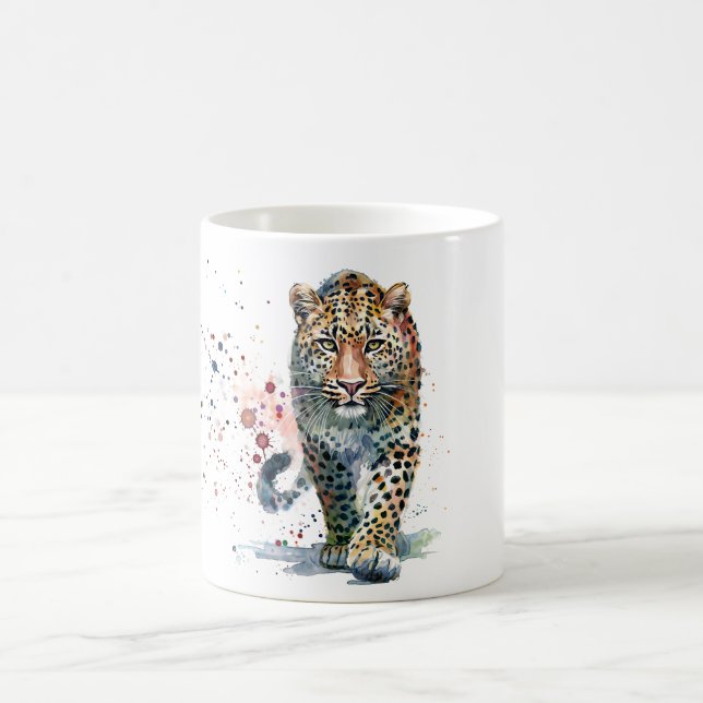 Caneca De Café Retrato Colorido em Aquarela de Leopardo (Centro)
