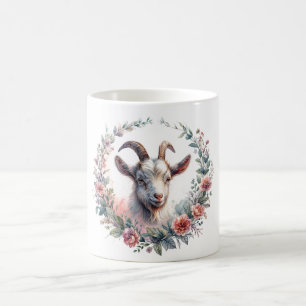 Caneca De Café Retrato de Aquarela de Cabra Floral