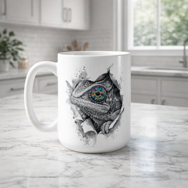 Caneca De Café Retrato de Camaleão com Tinta e Olho Arco-íris (Chameleon Ink Portrait with Rainbow Eye Coffee Mug)