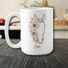 Caneca De Café Retrato de cavalo em desenho de linha de girassol