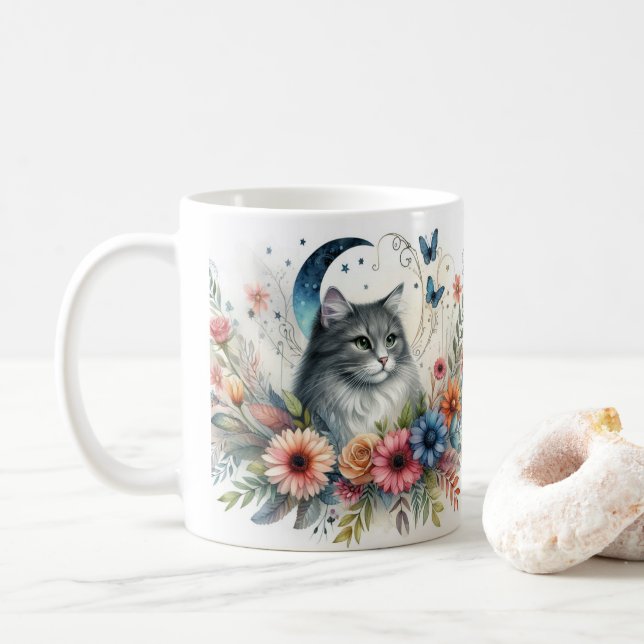 Caneca De Café Retrato de Gato de Cinza bonito com Flor Mug (Com Donut)