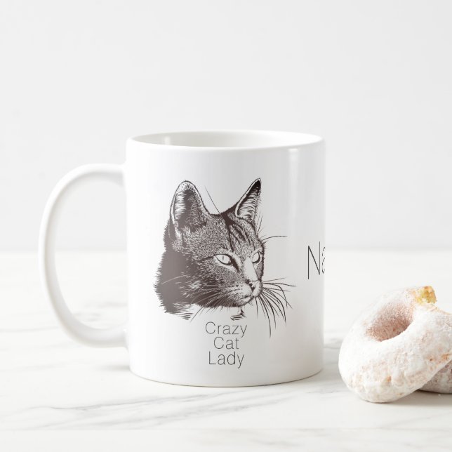 Caneca De Café Retrato de Gato Personalizado para Gato Louco, Sen (Com Donut)